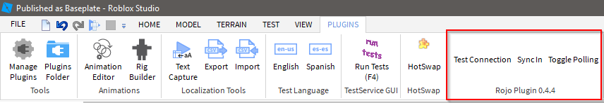 Location of Rojo's plugin buttons in Roblox Studio