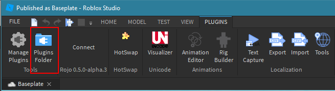 'Plugins Folder' button in Roblox Studio